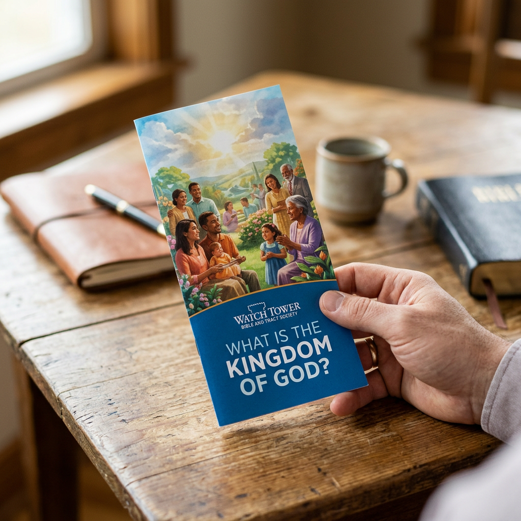 Hand holding Watch Tower pamphlet titled 'What is the Kingdom of God?' showing diverse group illustration