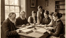 Group of Victorian-era men and women reading books at a wooden table