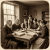 Group of Victorian-era men and women reading books at a wooden table