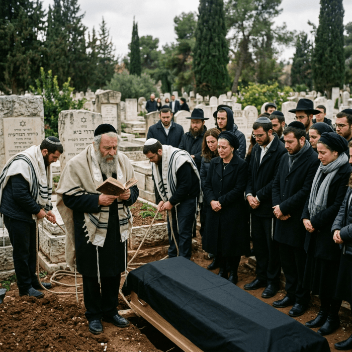 Group of mourners attending a Jewish burial ceremony with rabbi reading from a prayer book near a coffin.