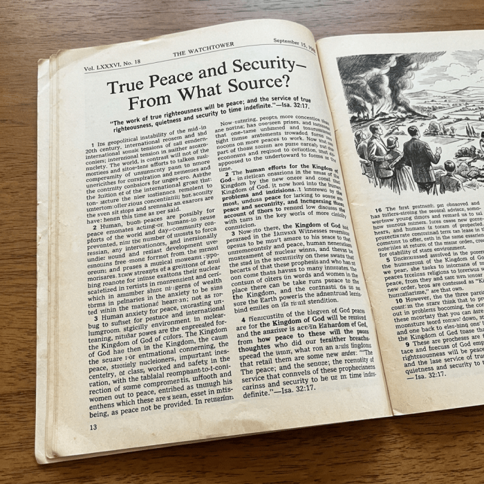 Open page of The Watchtower magazine titled 'True Peace and Security—From What Source?' with text and a black-and-white illustration