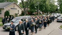 Group of people in formal attire walking behind a hearse outside a Kingdom Hall