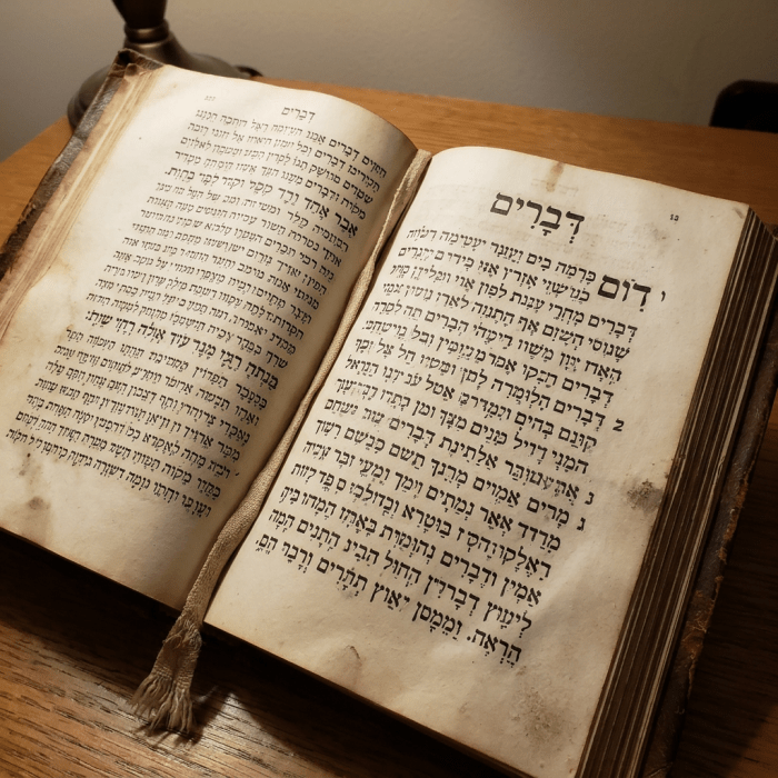 Open antique Hebrew text book on wooden surface