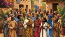 Community members in traditional clothing gathered outside thatched village homes
