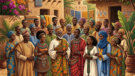 Community members in traditional clothing gathered outside thatched village homes