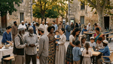 Families and neighbors gathering outdoors for food and children's activities