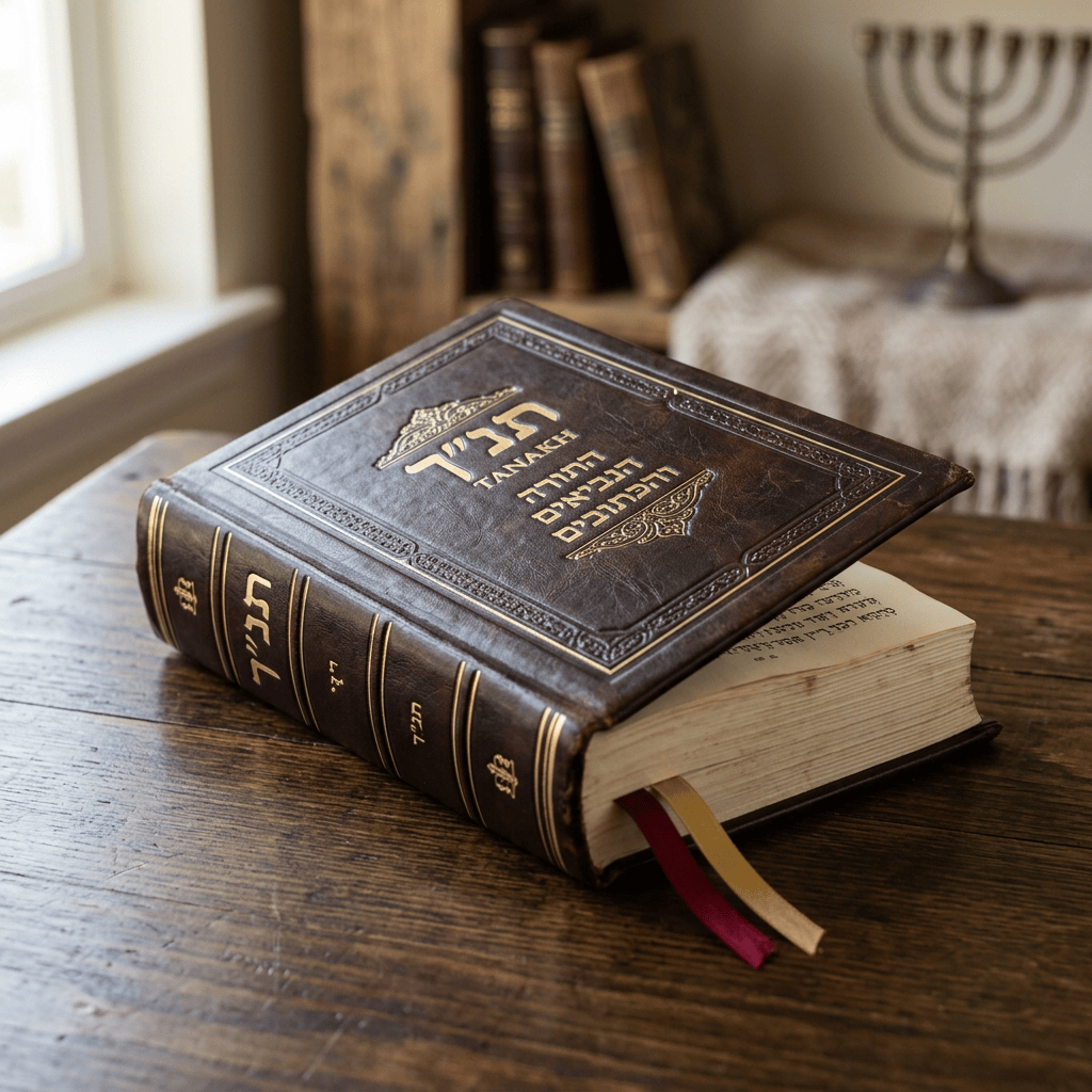 Hebrew prayer book with gold lettering on a wooden table