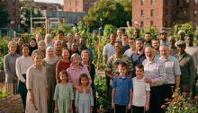 Multigenerational group posing in a community garden beside a Unity Community Garden sign