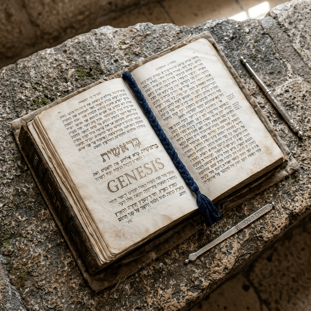Open Hebrew book marked GENESIS on a weathered stone surface